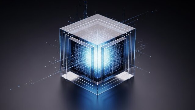 Glowing Digital Data Cube Representing Cloud Computing, Secure Data Storage, Blockchain Technology, And Advanced Information Processing Systems This image illustrates a glowing transparent digital cu - Powered by Adobe