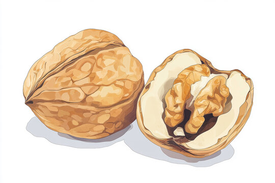 Watercolor illustration of a cracked walnut revealing its healthy kernel and empty shell. A detailed watercolor painting showcases a whole walnut split open to display its intricate kernel.