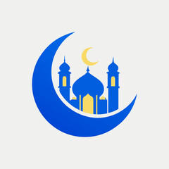 Obraz premium Blue crescent moon with mosque silhouette