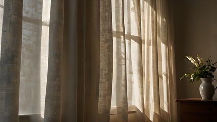 Soft Morning Sunlight Through Sheer Curtains on Neutral Wall