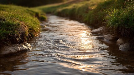 Obraz premium A serene natural stream flows gently through a lush landscape catching the warm golden hour sunlight that glints off its rippling surface