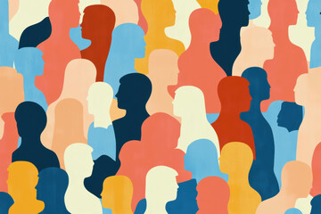 Diverse crowd of colorful abstract human silhouettes in profile view. A vibrant mosaic of abstract human figures in profile, representing diversity and community