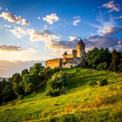 Ancient castle atop green hill beneath partly cloudy, vibrant sky at sunset