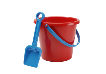 A vibrant red plastic children's beach bucket and a blue toy spade isolated on a transparent background under studio lighting, concept of summer vacation and childhood play