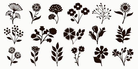 A collection of delicate floral silhouettes in monochrome showcasing diverse botanical shapes