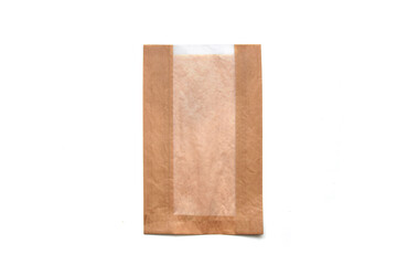 Brown paper bag from recycled material view above isolated on white. Idea or concept to ecological consumption and zero waste.