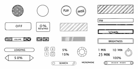 Collection of black and white media player interface elements and controls