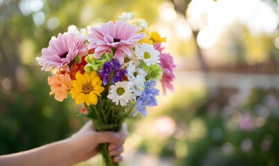 close-up of a hand touching a colorful bouquet of flowers, including pink, purple, yellow, white, blue, green, and orange daisies, set against a garden background