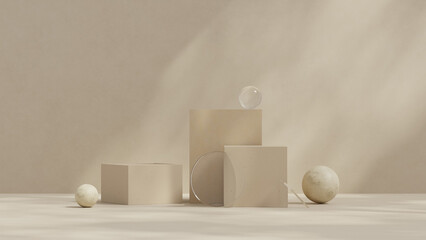 Minimal beige 3D geometric podium for cosmetic, skincare, product mockups, and premium modern branding.

