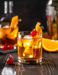 Amber cocktail with ice and orange peel, garnished with cherry, rests on wooden table