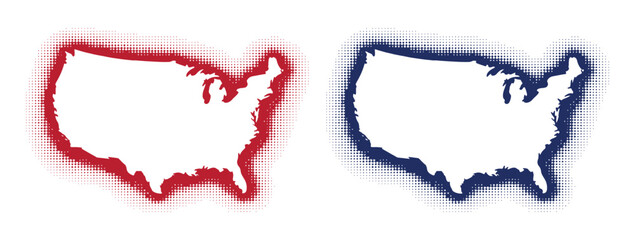 Set of USA map silhouettes featuring glowing red and blue neon borders for patriotic or futuristic designs.