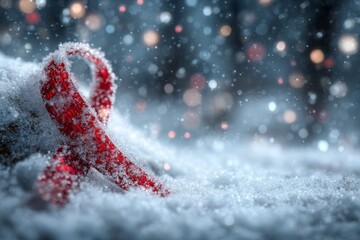 A bright ribbon symbol rests on shimmering snow, framed by soft holiday lights and falling flakes, ideal for combining health awareness with seasonal celebration themes.
