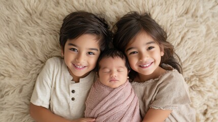 Smiling siblings hugging and cradling sleeping newborn baby on cozy blanket
