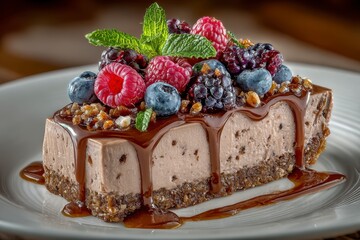 Decadent chocolate mousse slice topped with fresh berries, nuts, and glossy caramel on a white plate, perfect for patisserie advertising or dessert menu covers.