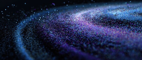 Vibrant Cosmic Swirl Abstract Nebula of Sparkling Blue and Purple Particles with Bokeh Lights on Dark Background.