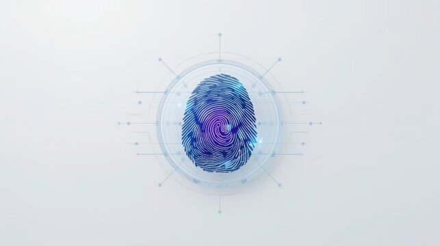 A futuristic online identity fingerprint scan on a 2 gigapixel standard v2 4x with a blue and purple fingerprint in a translucent circle on a light grey background