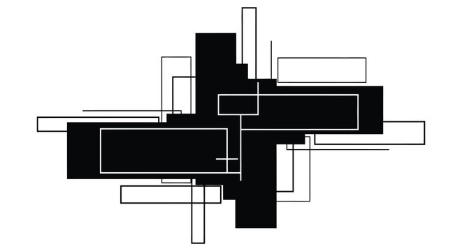Abstract geometric composition featuring interlocking rectangular shapes and lines a striking black silhouette
