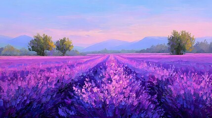 Obraz premium Lavender Field at Sunset with Mountains Creating Beautiful Summer Nature Landscape and Travel Background