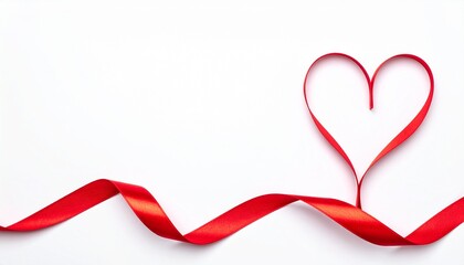 Red Satin Ribbon Heart on White Background, Minimal Valentine Concept