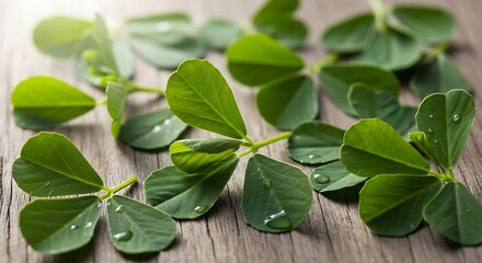 Obraz premium Fresh Green Clover Leaves on Wood.