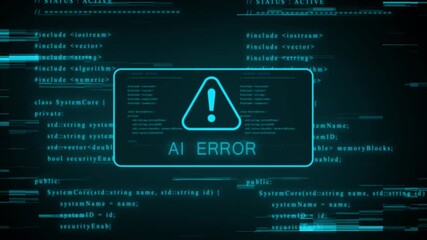 Futuristic digital interface displaying programming code in cyan with a prominent warning symbol and digital glitch artifacts, suggesting a system error or cybersecurity alert in a dark - Powered by Adobe