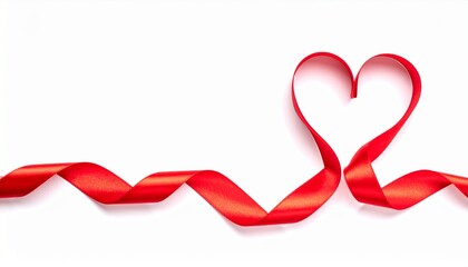 Red Satin Ribbon Heart on White Background, Minimal Valentine Concept