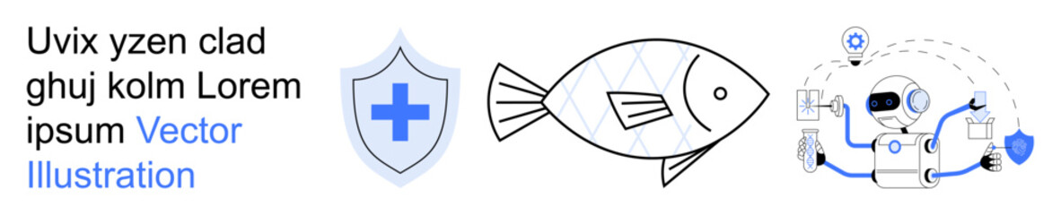 Obraz premium Healthcare, technology, marine biology, security, digital technology, futuristic innovation. A shield with a cross, a fish and tech-themed icons. Healthcare and technology concepts