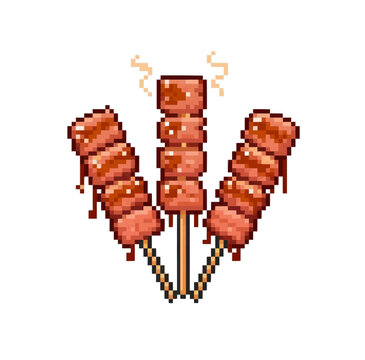 pixel art moo ping grilled pork illustration for street food game assets, menus, apps