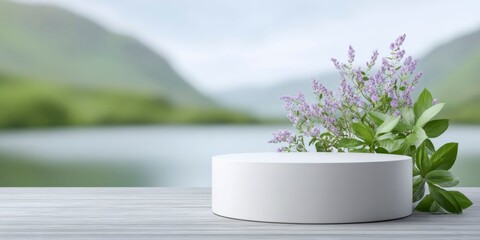 a white, round podium with grass, flowers, and trees in the background of mountains and a lake.