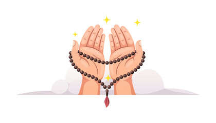 Praying hands holding prayer beads isolated on white background.
