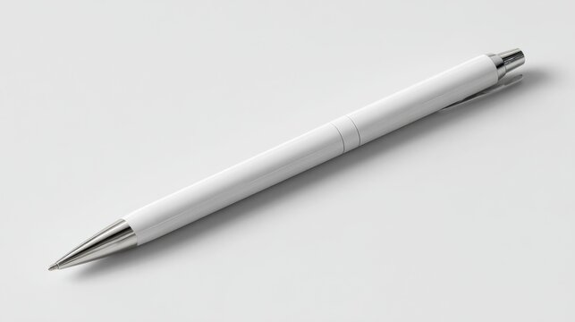 Sleek White Ballpoint Pen with Chrome Accents on White Background, Minimalist Design, Office Supply, Writing Instrument