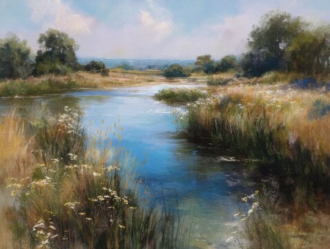 Serene Riverside Landscape Painting with Wildflowers and Reeds, Impressionistic Nature Scene.