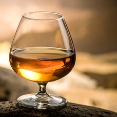 Amber liquid in a snifter sits on textured stone, bokeh light background creates an atmospheric, soft glow