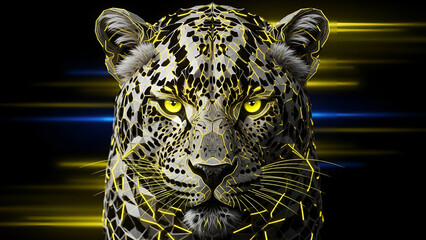 Stunning leopard with neon yellow eyes and futuristic design elements