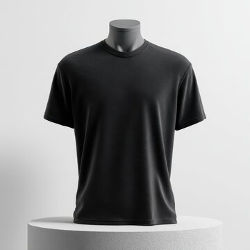 Minimalist Black T-Shirt Displayed on a Mannequin on a Pedestal