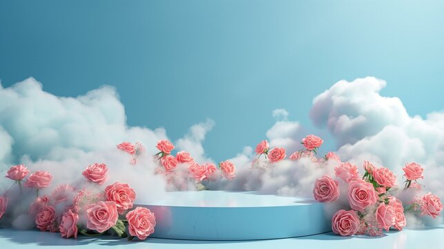 A circular platform stands in the center, surrounded by pink roses that create a decorative border. Soft clouds float around the platform, adding depth to the scene. The setting is bright