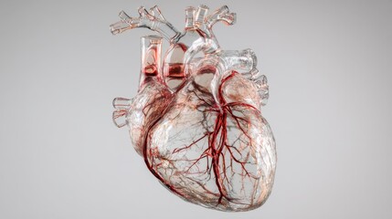Transparent Glass Human Heart with Red Veins, Anatomical Medical Model, Science and Healthcare Concept.