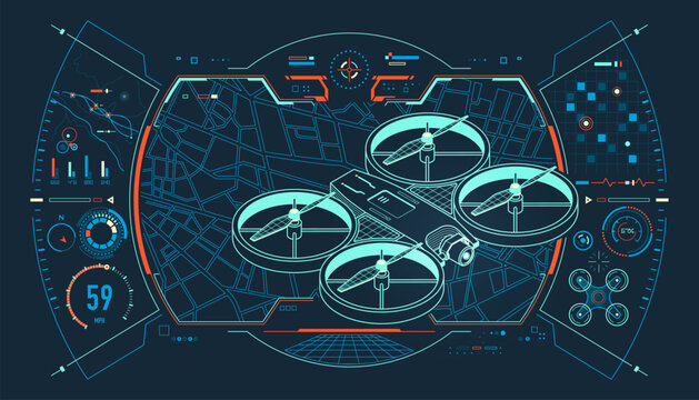 surveillance drones or aerial mapping technology, graphic of lined drone with GPS background and futuristic geographic interface