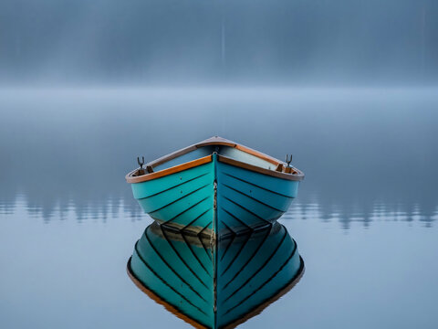 Barque turquoise sur lac brumeux