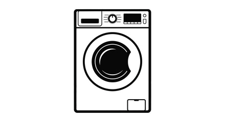 A straightforward illustration depicting a modern front loading washing machine in a distinct outline silhouette