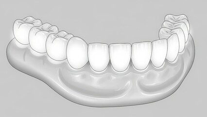 Detailed 3D illustration of a lower jaw denture with white teeth on a light gray background, showcasing dental prosthetics and oral health.
