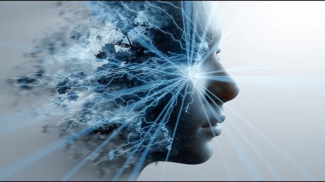 Burnout syndrome. Work stress. Emotional fatigue. Job overload. Psychological strain. Energy depletion. Coping mechanisms. A surreal representation of a face merging with nature and technology.