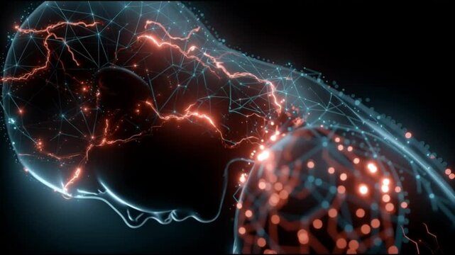 Burnout syndrome. Work stress. Emotional fatigue. Job overload. Psychological strain. Energy depletion. Coping mechanisms. A digital representation of a head with glowing neural patterns.