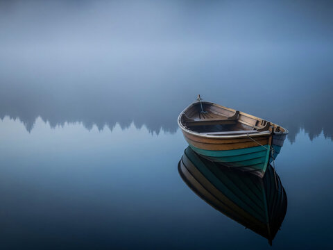 Barque seule sur lac brumeux