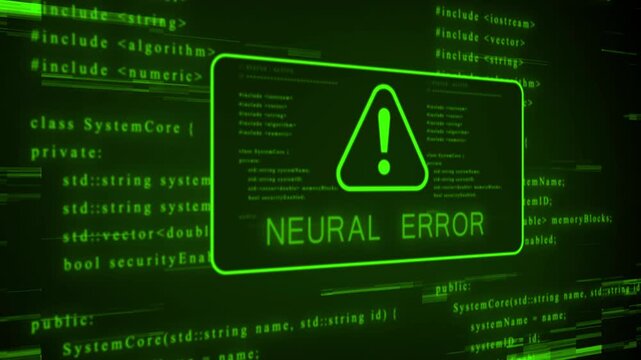 Vibrant green computer code and programming syntax displayed on a dark background with a bright green warning symbol and digital glitch effects, signifying a system alert or error in a