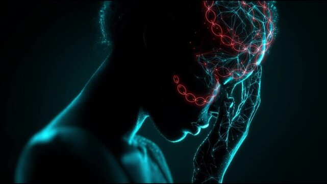 Burnout syndrome. Work stress. Emotional fatigue. Job overload. Psychological strain. Energy depletion. Coping mechanisms. A silhouette of a person with a glowing neural pattern in their head.