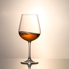 Amber liquid swirls elegantly in a tall glass, reflecting light on a shiny surface against a soft, creamy background