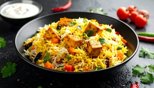 Golden biryani with fried paneer cubes, veggies, and a side of raita sits on a dark textured background