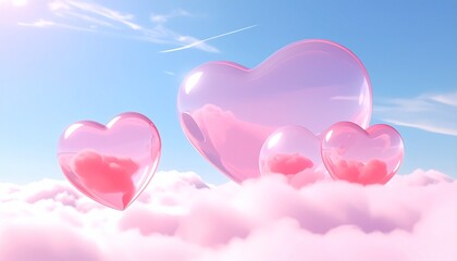 loating Glass Hearts in Pink Clouds, Dreamy Valentine Fantasy Background