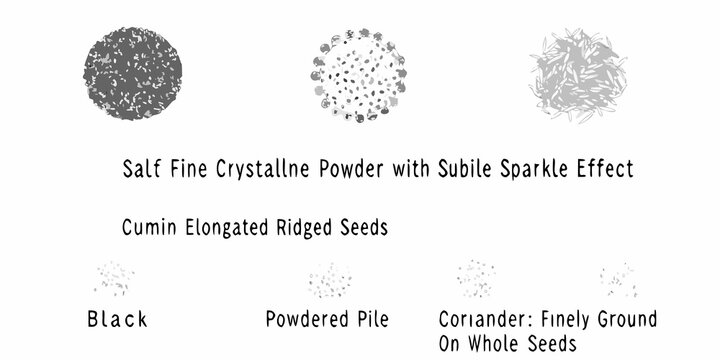 Visual comparison of different textures salt cumin coriander and black powder